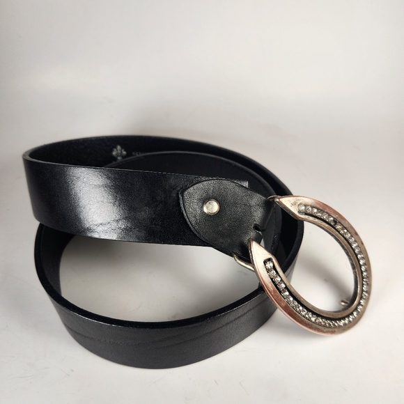 FIRENZE Belt Size 32 Black Leather Made Italy Horseshoe Buckle Rhinestones - Picture 2 of 11